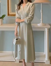 S-XL Korean Style Elegant Lace-Up Collared Long Dress Fashion Wear For Women NEW