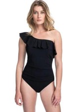  118 Profile by Gottex Ruffle Shoulder One Piece Swimsuit Black Size 8 DEFECT 
