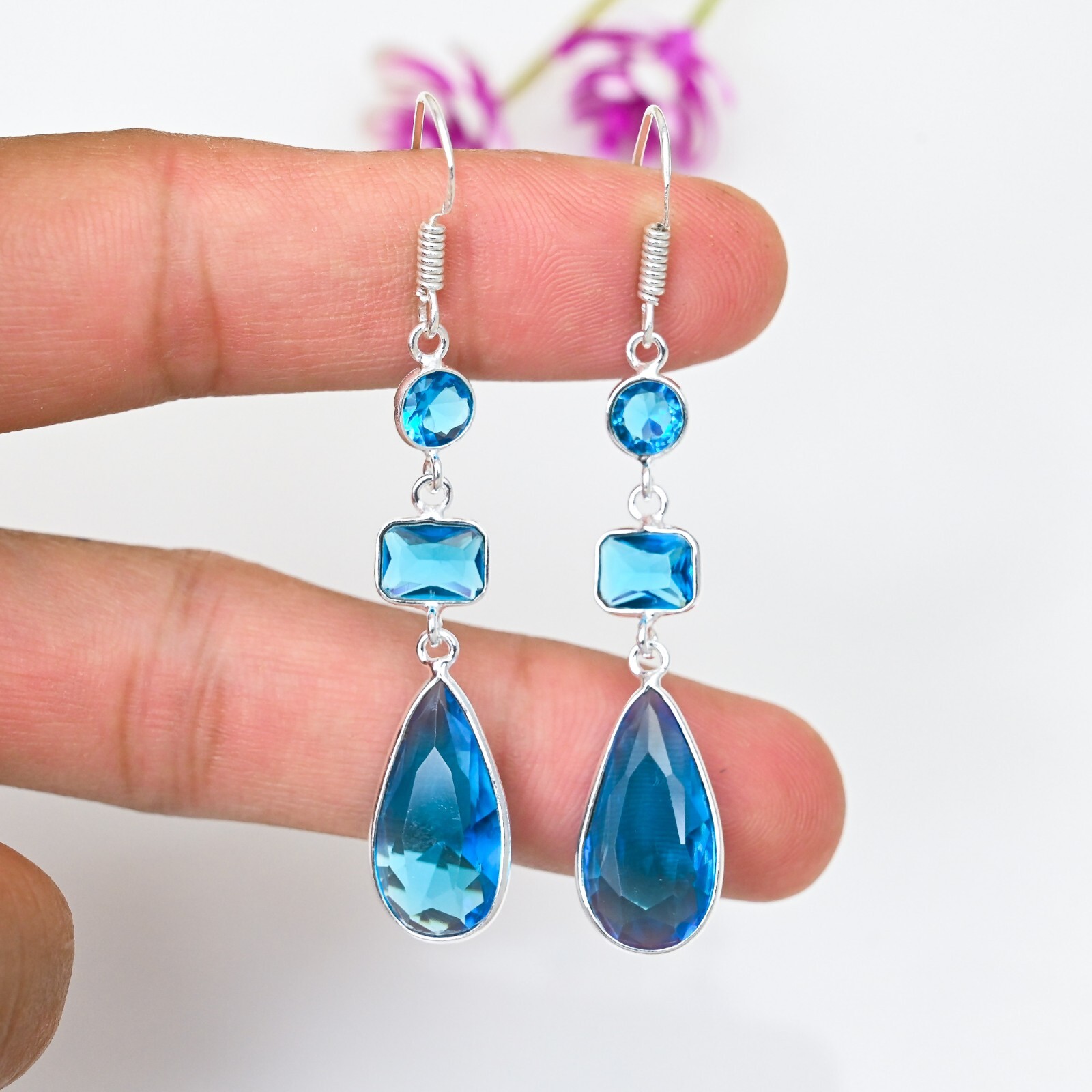 Swiss Blue Topaz Gemstone 925 Sterling Silver Handmade Dangle Earring Jewelry