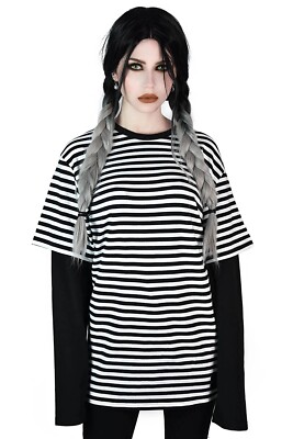 Killstar Gothic Goth Punk Grunge Unisex Langarm T-Shirt - Maxen Weiß Gestreift
