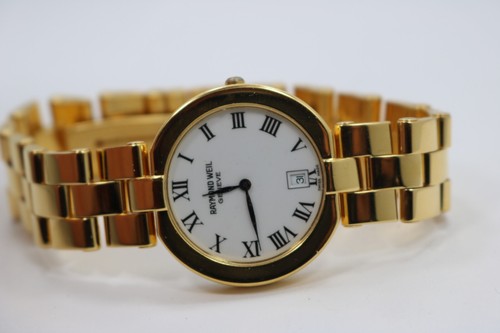 Mens Raymond Weil Geneve 18K Plate Swiss Sapphire Crystal Quartz Watch New Batt