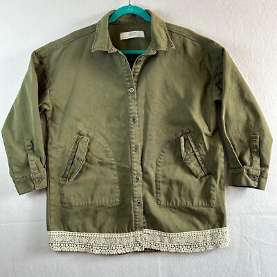 Zara Basic Z1975 Oversized Green Denim Button Up Jacket Lace Trim Size XS