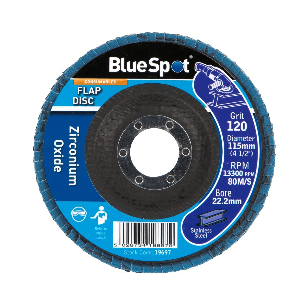 Blue Spot 19697 Zirconium Oxide Flap Disc 115mm 120 Grit