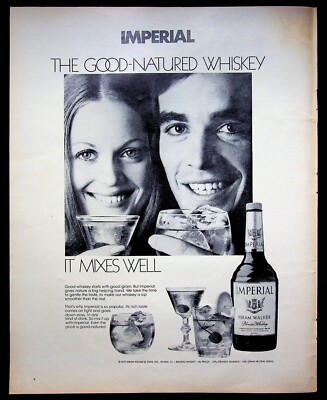 1972 Imperial Hiram Walker Whiskey 70s Print Ad Smooth Good Natured Young Couple