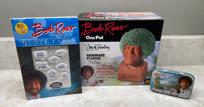 BOB ROSS CHIA PET PLANT PLANTER - QUOTE BOOK - HAPPY LITTLE TREE MINTS IN TIN