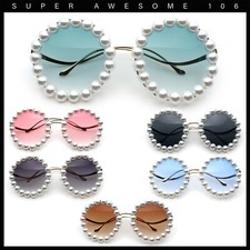 Womens Pearl Bling Round Circle Oversized Metal Rim Wave Arm Sunglasses