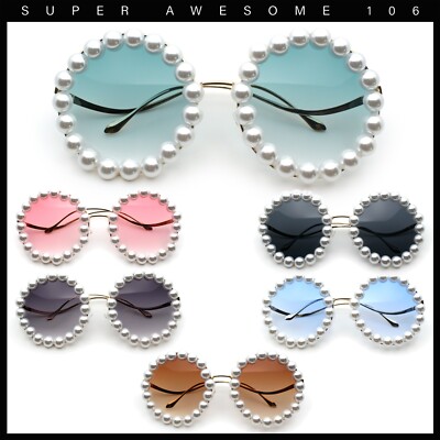 Womens Pearl Bling Round Circle Oversized Metal Rim Wave Arm Sunglasses