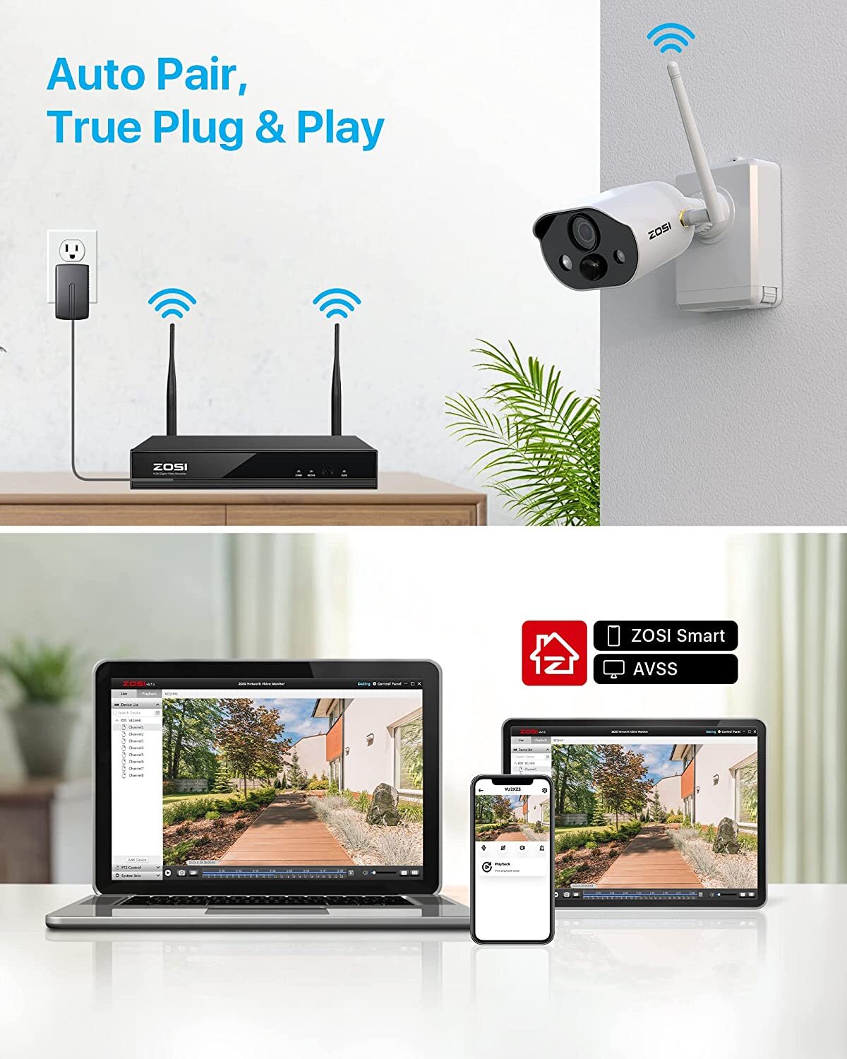 ZOSI 8CH Wireless Solar Battery Powered Security Camera system WiFi 3MP