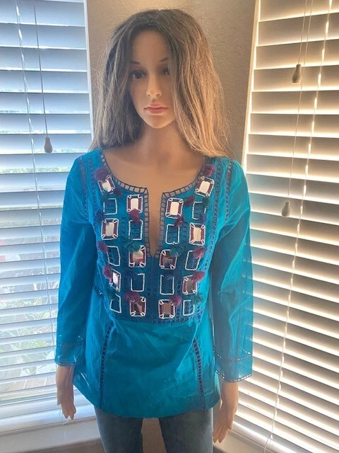 Nuovo! Tory Burch blu acqua brillante trendy blusa tunica nappa all'uncinetto taglia 6