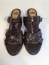 Sofft Patent Leather Sandals Heels 8.5 M Croc Gator Slip Ons Open Toe Brown Pump