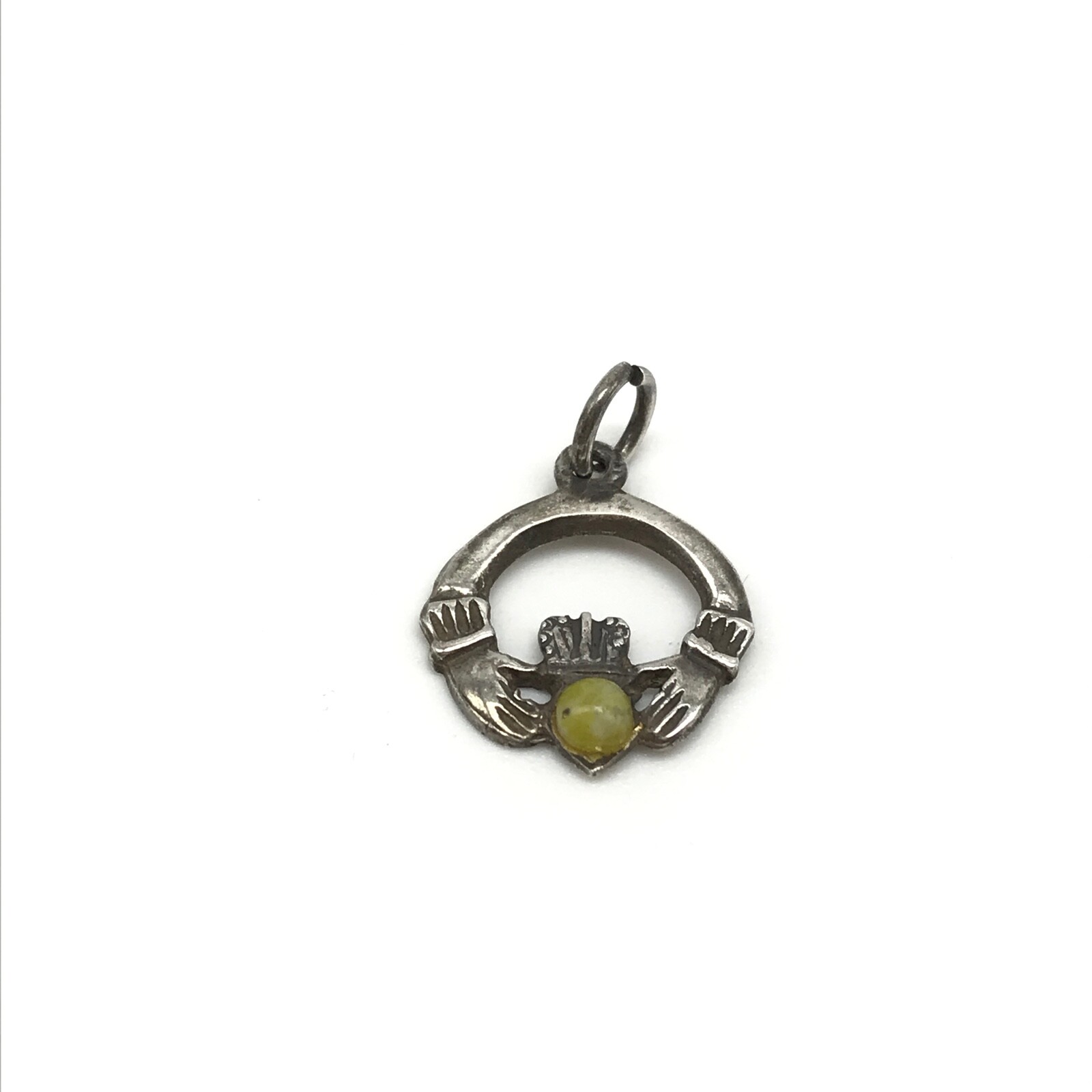 Vintage 925 Sterling Silver Claddagh Yellow/Green Stone Charm Pendant