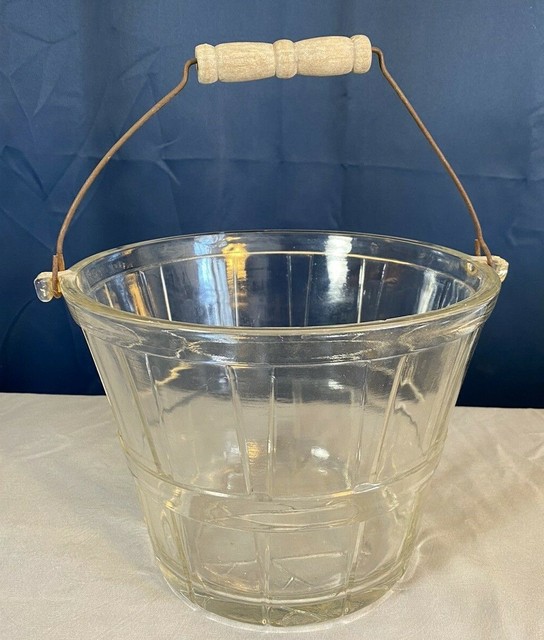 Vintage Glass Basket w/ Wood Handle 7.25"H x 9.25" Top Dia x 6.25