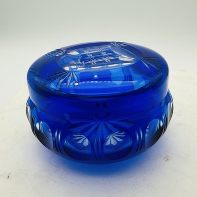 VTG Bohemian Cut Cobalt Blue To Clear Crystal Dresser Powder Box Trinket Dish 3''