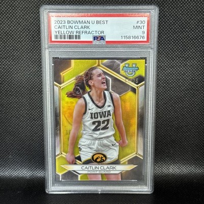 Caitlin Clark 2023 Bowman U Best University Yellow Refractor /75 Iowa #30 PSA 9