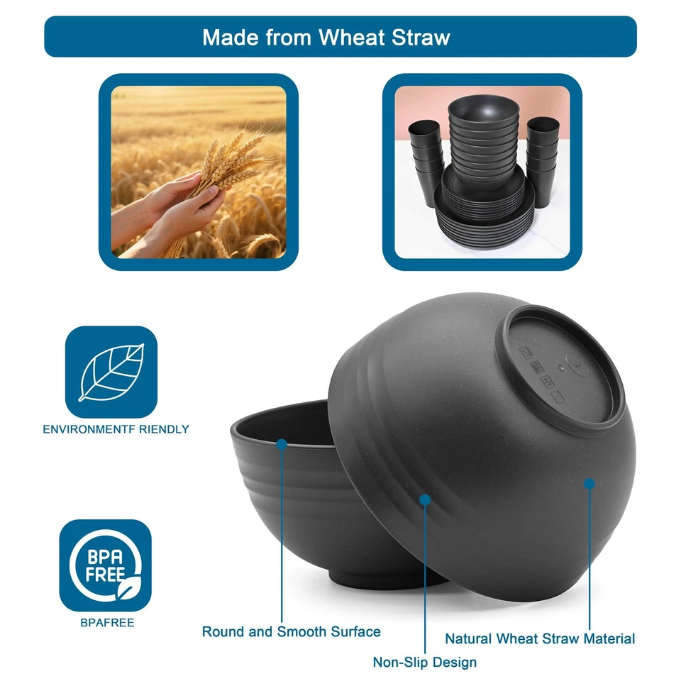 Juegos de vajilla de paja de trigo negro para 8 (32 piezas), juego de vajilla irrompible, di... Foto 3 de 4