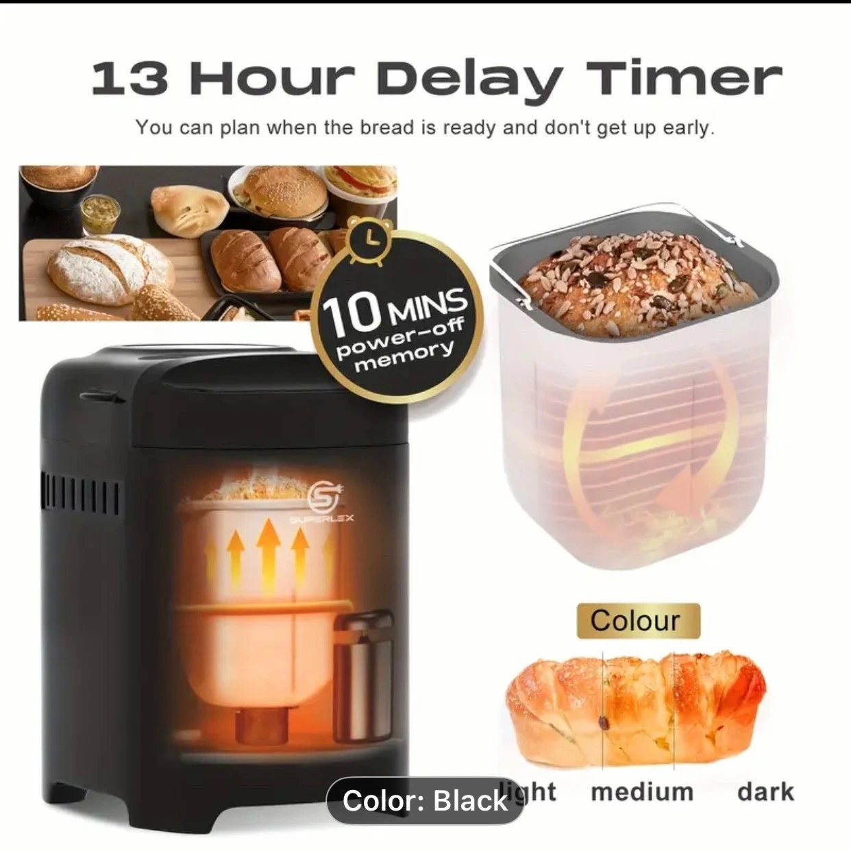 SUPERLEX 11-in-1 Bread Maker Auto Compact Dough Machine Nonstick, Viewing Window