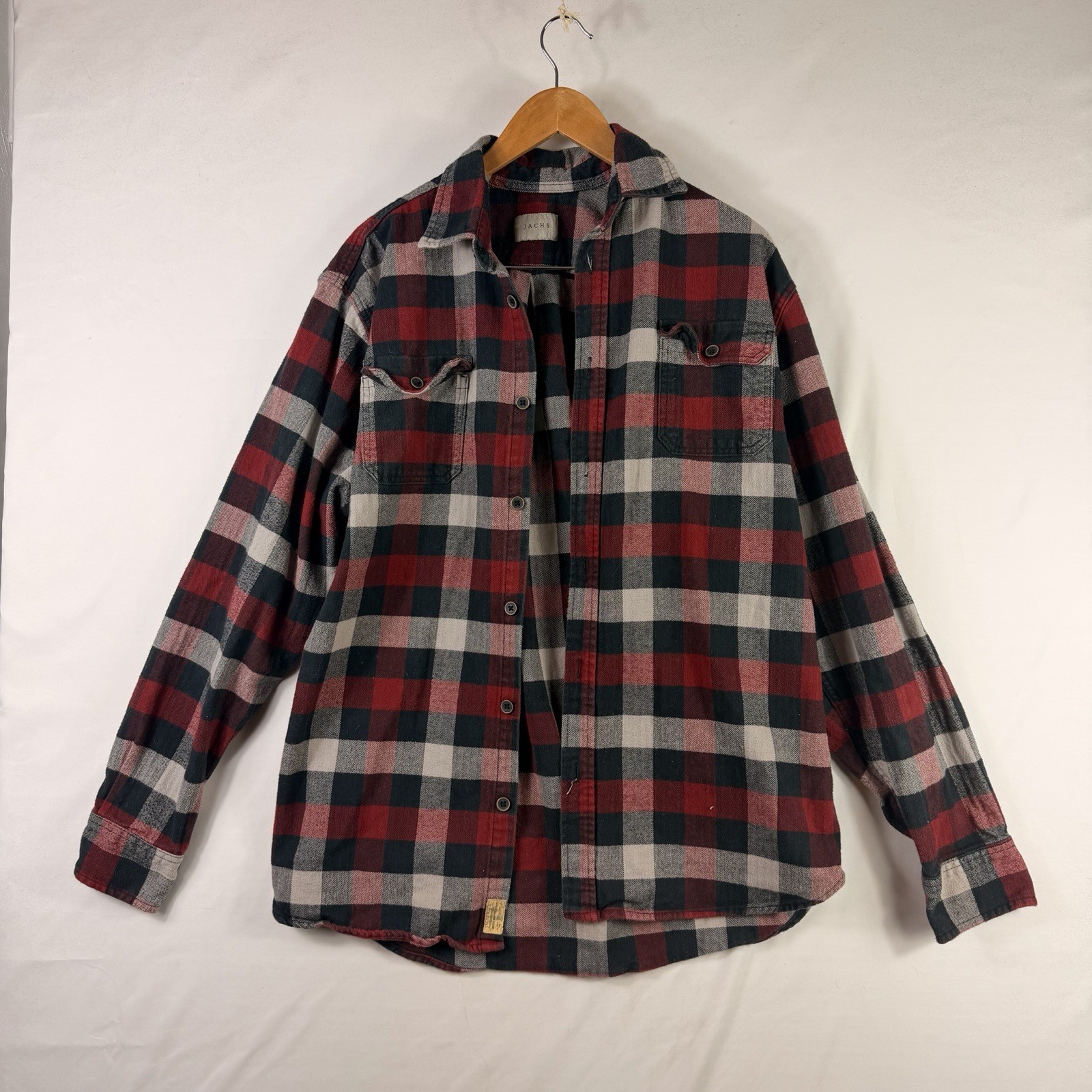 Jachs Men's Button Up Shirt XXL Red Plaid Flannel Long Sleeve Collar Pockets