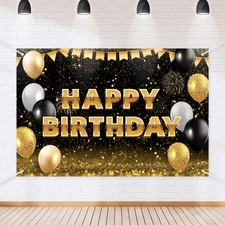Black Gold Happy Birthday Backdrop Banner Glitter Black Gold Theme Photograph...