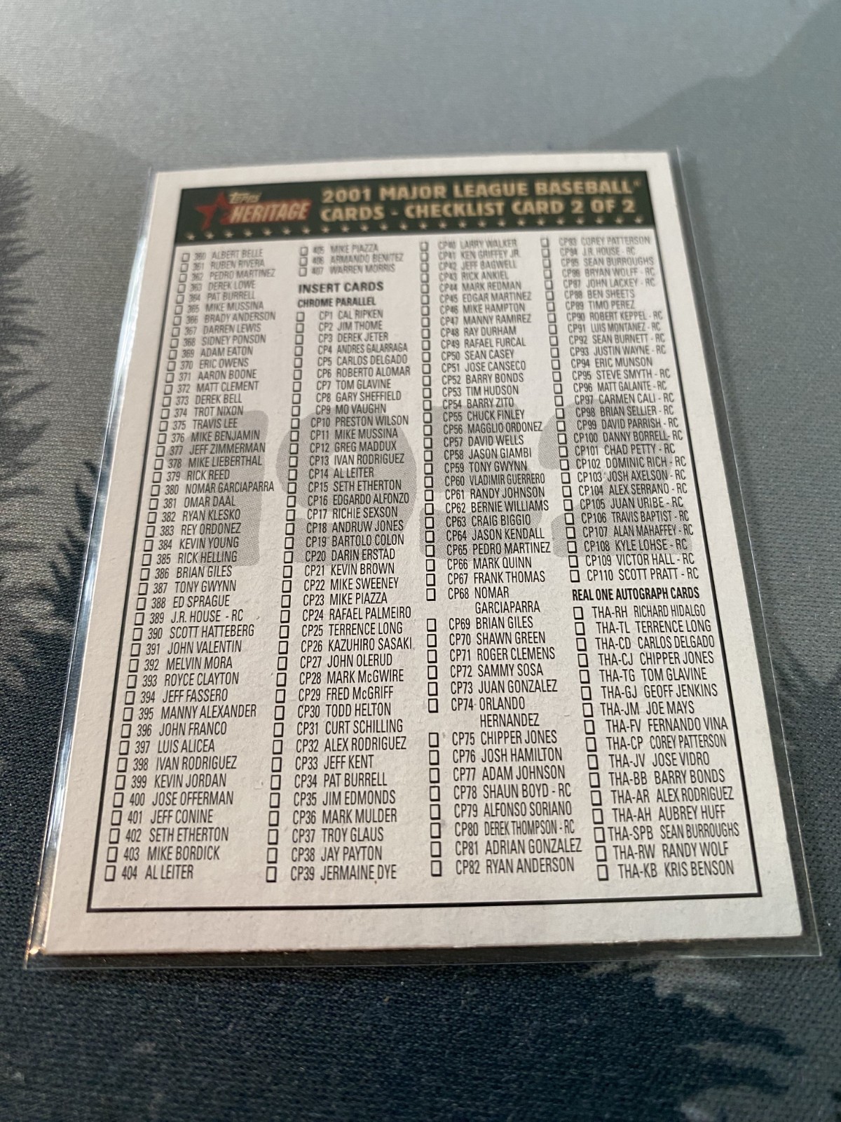 2001 Topps Heritage - Checklists #2 - FREE SHIPPING