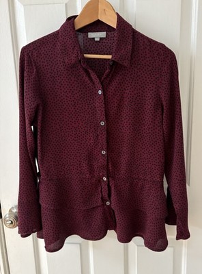 HABITAT Button Down L/S Tier S Ruffle Cuff Maroon Blouse Shirt Women Art To Wear