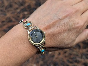Authentic Native American Vintage Gold Plated Flexible Band with Turquoise & Coral Stones