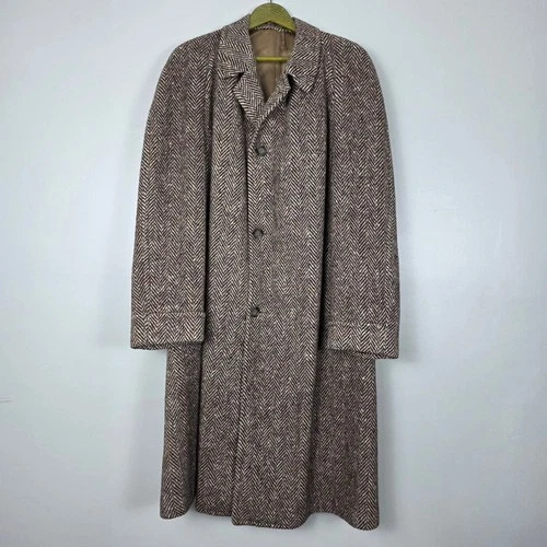 G2U Vintage Galway Tweed McFarlins Herringbone Overcoat Brown Wool Ireland Balma