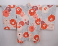 6001T04z750 Vintage Japanese Kimono Silk HAORI Chrysanthemum Light gray