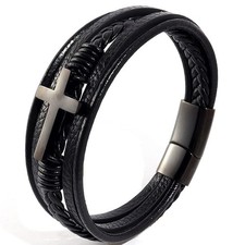 Stainless Steel Braided Leather Bracelet for Men Cuff Bangle Cross Magnetic Clas
