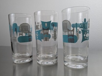 3 Vintage MCM Royal China Atomic Blue Heaven 5 5/8'' Tumblers Drinking Glasses