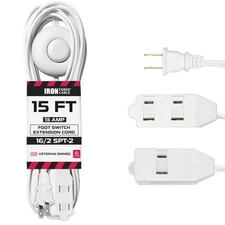 15 Ft Extension Cord with Foot Switch and 3 Electrical Power Outlet - White