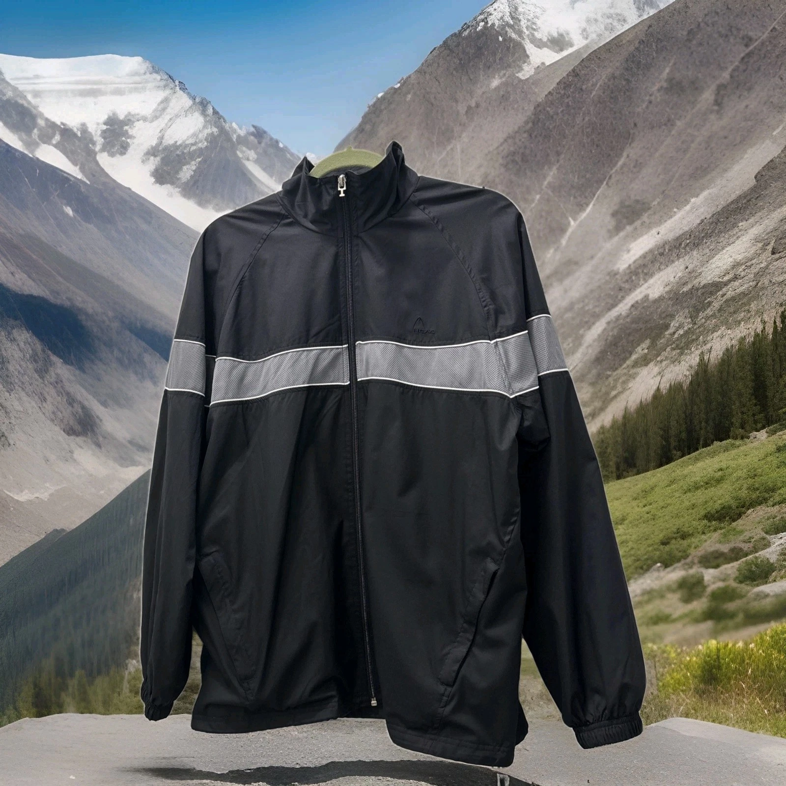 HEAD Black And Grey Lightweight Windbreaker Mens Jacket Zip Front
