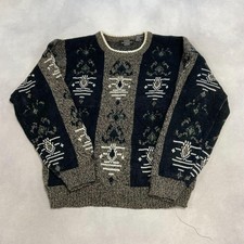 Vintage Abstract Knitted Jumper Patterned Grandad Knit Sweater Men's L