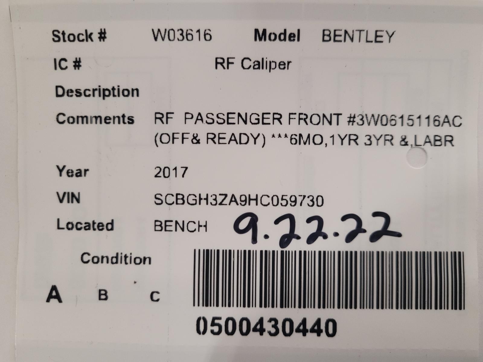Used Disc Brake Caliper fits: 2017 Bentley CONTINENTAL GT  Grade A