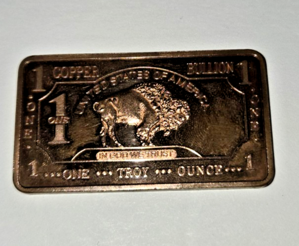 1 Troy Ounce Copper Bullion Bar American Buffalo Design .999 Fine
