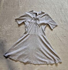 Grey Ribbed Lace-Up Mini Dress - Short Sleeve A-Line Skater Dress