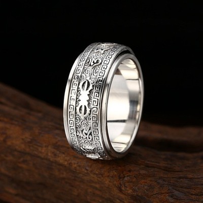 N07 Ring buddhistisch 6-Wort-Mantra Vajra Drehring Sterling Silber 925