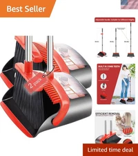 Broom and Dustpan Set 2 Pack Long Handle Dustpan Teeth Self-Cleaning Indoor O...