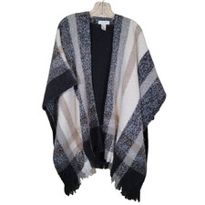 Nine West Striped Shawl Cape Cover Poncho Cozy Warm Shrug Black Cream One Size