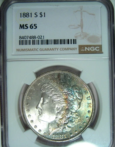 1881-S RAINBOW TONED MORGAN  DOLLAR~NGC MS65~GEM OBVERSE LIGHT CRESCENT RAINBOW