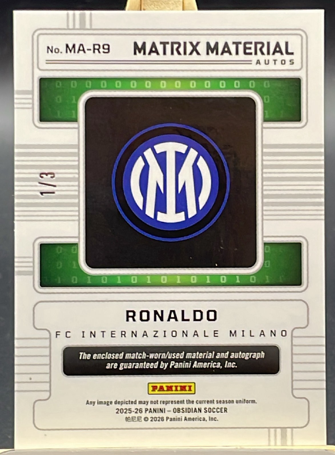 1/3≈1/1 2025-26 Panini Obsidian Ronaldo Matrix Materials Patch Auto Gold view 2
