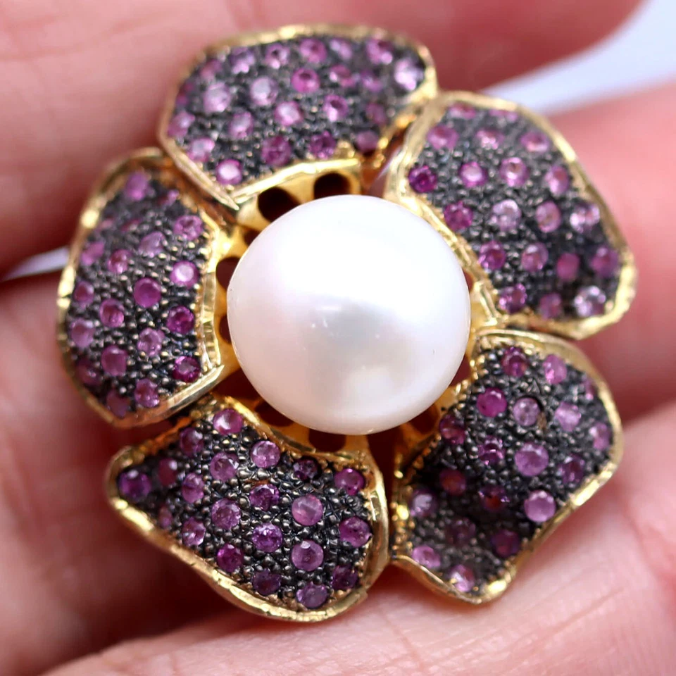 925 Sterlingsilber 11 mm Weißer Perlen- Und Rosa Saphir-Schmuckring Größe 6,5 - Bild 2 von 4