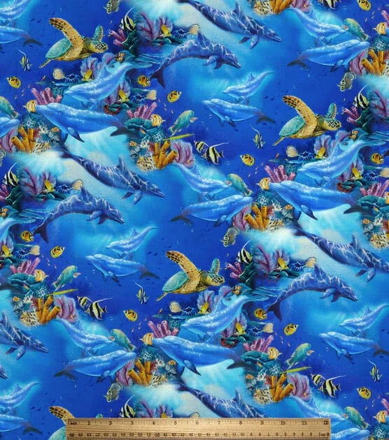 POR David Tex REINO ACUÁTICO Tortugas Delfines Estampado 100% Algodón Edredón Tela Patio Foto 2 de 2