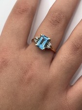 14k Solid Gold Blue Topaz And Diamond Ring