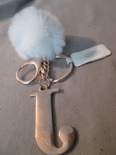 LETTER J INITIAL ROSE GOLD TONE WHITE POM POM KEYCHAIN