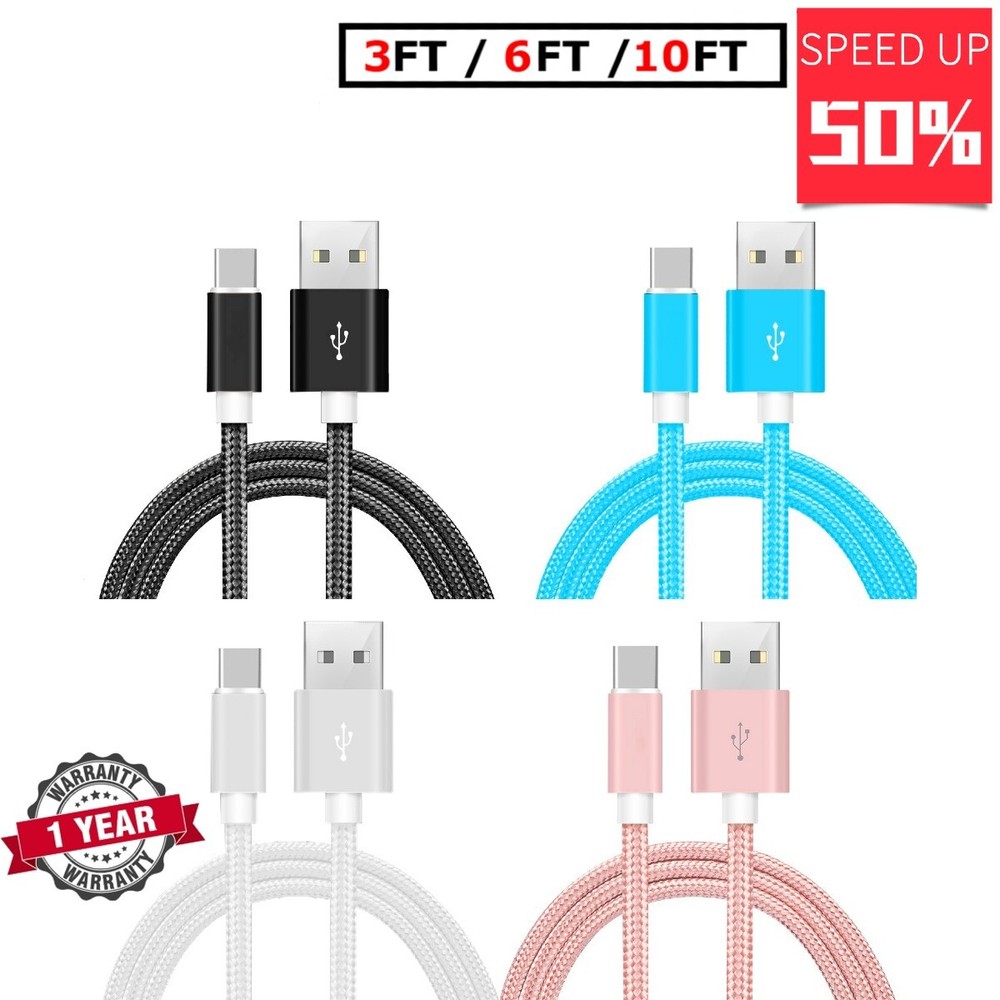 Braided USB C Type-C Fast Charging Data SYNC Charger Cable Cord 3/6/10FT LONG
