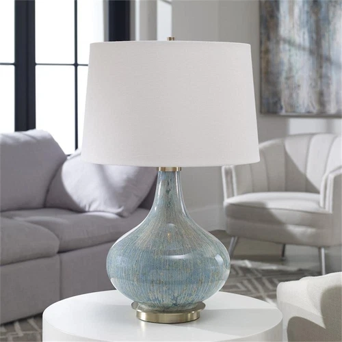 Uttermost Celinda Glass Metal and Fabric Lamp in Blue/Brass/Ivory - Picture 3 of 4