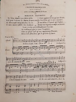 Sheet music - Te bien aimer o ma chere Zelie - Chanson Francaise - M. Bertorotti