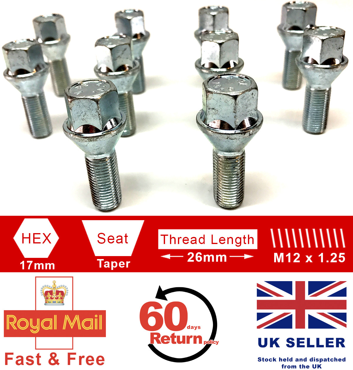 10 x M12 x 1.25 26mm thread 17mm Hex alloy wheel bolts for Jeep eBay