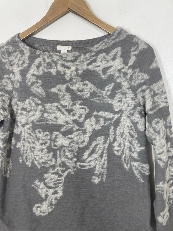 J. Jill Womens Boat Neck Pullover Sweater Top Burnout Floral Gray White Size SP - Image 3 of 4