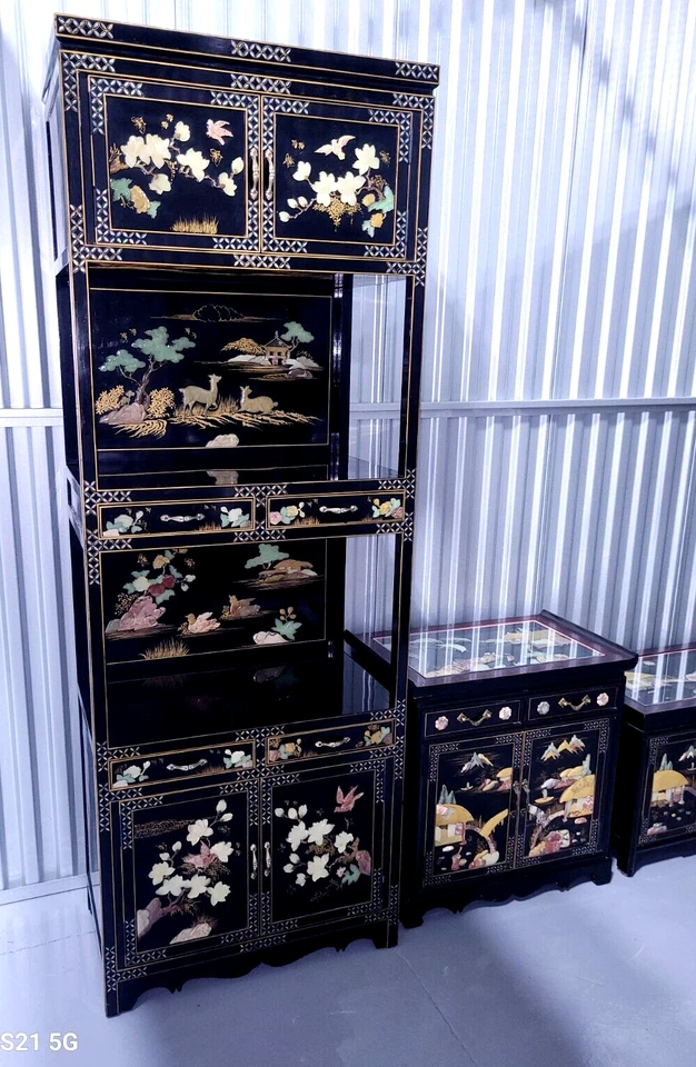 LOTE DE 7 MUEBLES MADREPERLA PIEDRA TALLADA LACA NEGRA COREANA Foto 2 de 4